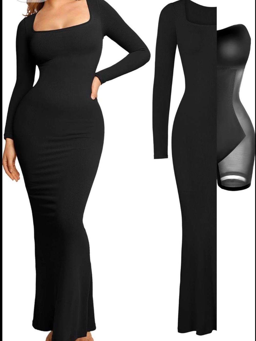 Popilush Women's Black Long Sleeve Square Neck Maxi Dress  Built-in Shapewear